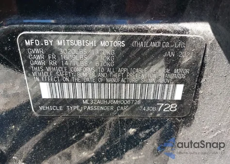 2021 Mitsubishi Mirage Carbonite Edition/Es/Le z USA, uszkodzony, nr VIN ML32AUHJ6MH006728